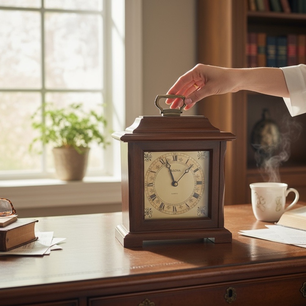 Vintage Bulova Quartz Mantel Clock B1871, Solid Wood, Dark Cherry Finish Carved - Picture 4 of 10